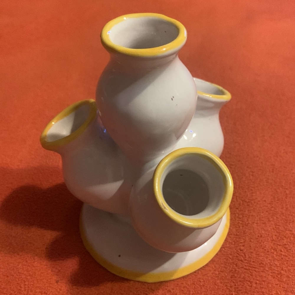 Vintage Ceramic 4 cluster vase white / yellow